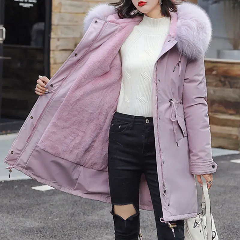 Purple coat women RICININA, Длинная зимняя куртка, хлопок, Женская парка с капюшоном, с мехом, на молнии, женские пальто размера плюс, женские куртки, повседневное пальто, шерсть - Цвет: Purple coat women