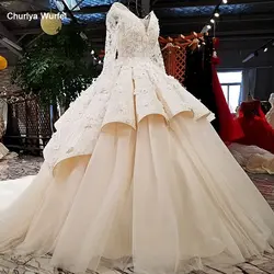 LS32746 свадебное платье с рукавами нового роскошного роскошного прибытия v декольте appliqued бисероплетение длинный рукав длинный хвост бальное