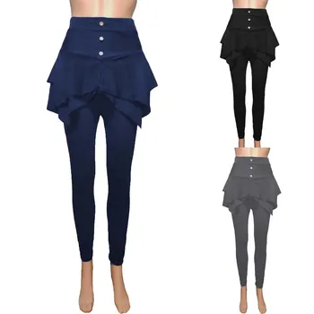 

Women Black Ruffle Irregular High Waist Long Pants Button Mini Skirt Trousers High Elasticity Workout Push Up Pants Plus Size