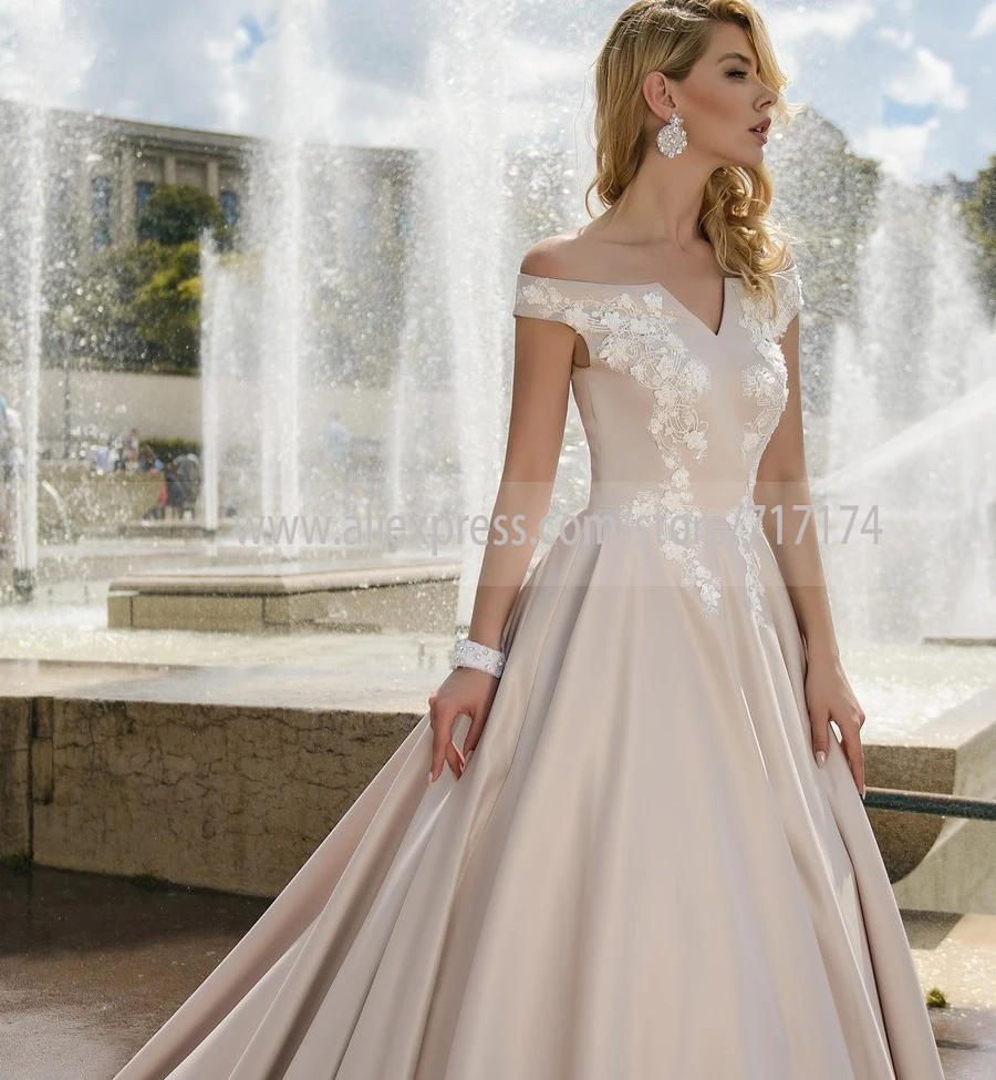 V-neck Off the Shoulder Satin Beading Lace Applique A-line Wedding Dress Lace-up Court Train Bridal Dress свадебные платья