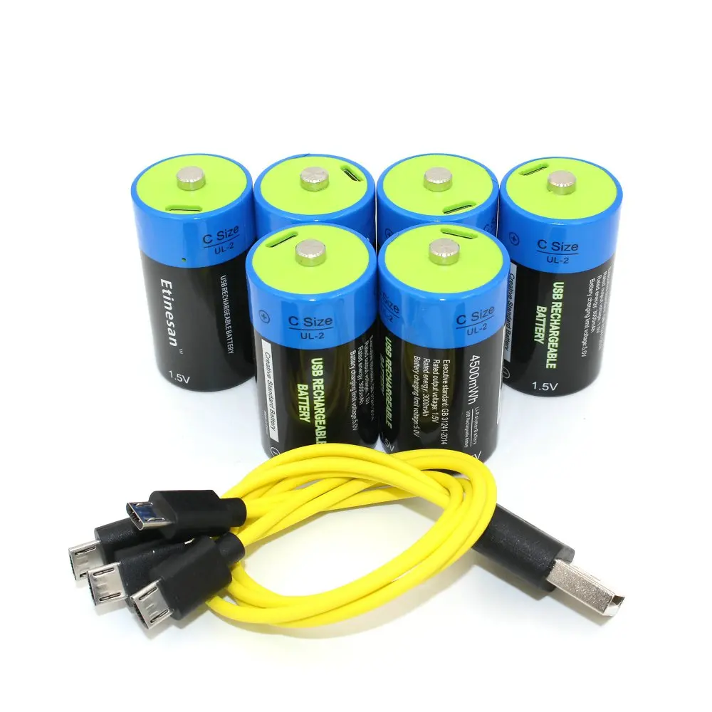 

6pcs Etinesan 1.5V 4500MWH li-polymer lithium rechargeable battery C size battery, C li-ion battery + USB charging cable