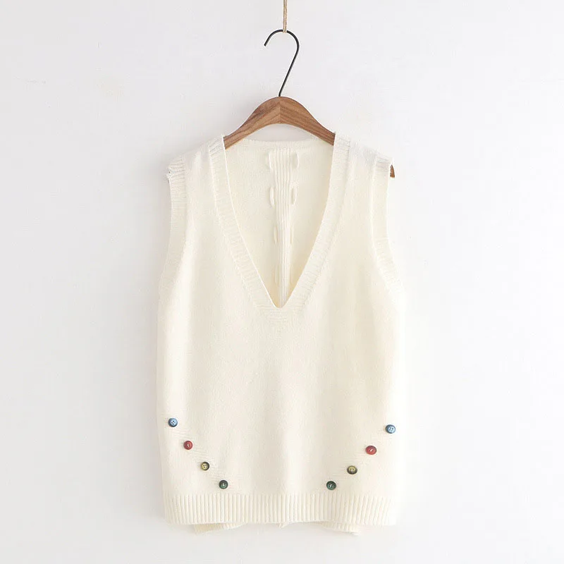 5 Color Loose Women Knit Vest Colorful Buttons Decoration Knitted