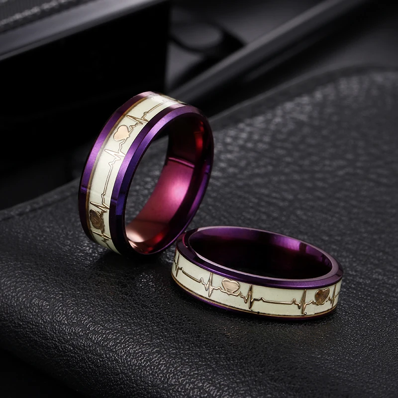 Anillo de boda de color morado brillante para parejas, sortija luminosa de 8mm/6mm, latido del corazón, ECG