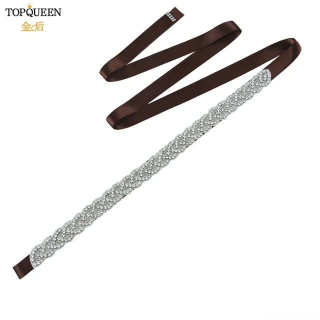 TOPQUEEN S216 Women's Rhinestones Belt Handmade Wedding Dresses Belt Marriage Bridal Ribbion Belts Wedding Bride Sash Party Belt Brown ribbon