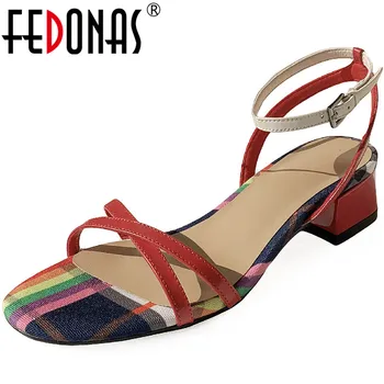 

FEDONAS 2020 Summer New Fashion Color Matching Thin Strap Women Sandals Cow Leather Square Heels Concise Party Shoes Woman