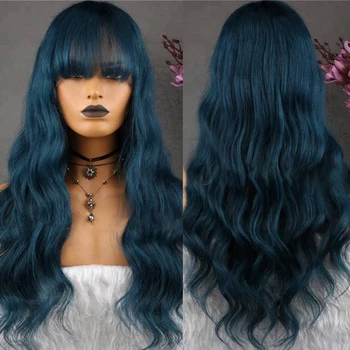 

Dark Blue 180Density Full Lace Human Hair Wigs for Women with bangs 360 Lace Frontal Malaysia Wavy Remy Hair Wigs with Bangs