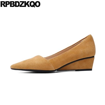 

black 2019 wedge pumps low heels genuine leather pointed toe formal suede elegant size 4 34 ladies yellow shoes women office