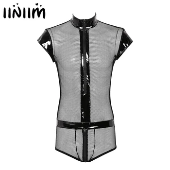 

Mens See Through Sheer Fishnet Hollow Out Lingerie Baby Doll Cap Sleeves Zippered Crotch Leotard Bodysuit Jumpsuit Nightwear