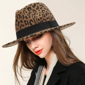

Fashion Retro Men / Women Hat Leopard Wool Felt Jazz Panama Derby Wide Brim Fedora Hat Cap