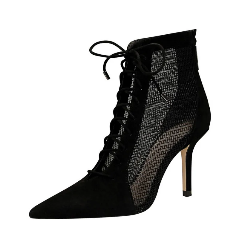 

Europe and the United States high heel pointed cross strap suede pointed mesh hollow sexy nightclub lace-up boots