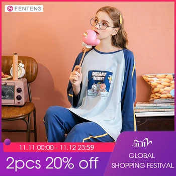 

FENTENG Autumn Pajamas For Women Causal Cotton Printed Pajamas Oneck Loose Home Suit Women Pajama Set I98132560