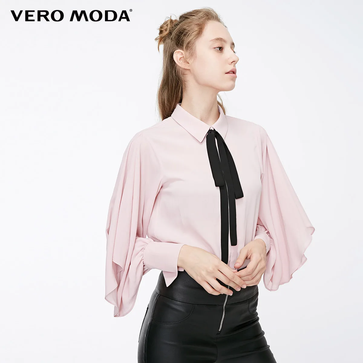 Vero Moda Новое поступление женские открытые Гофрированные Рукава галстук шифоновая рубашка | 318405506 - Цвет: Pale mauve