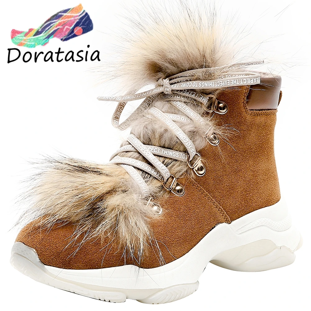 

DORATASIA Brand Genuine Leather Suede Ankle Fur Boots Women 2019 Winter Decorating Platform Booties Ladies Wedges Shoes Woman