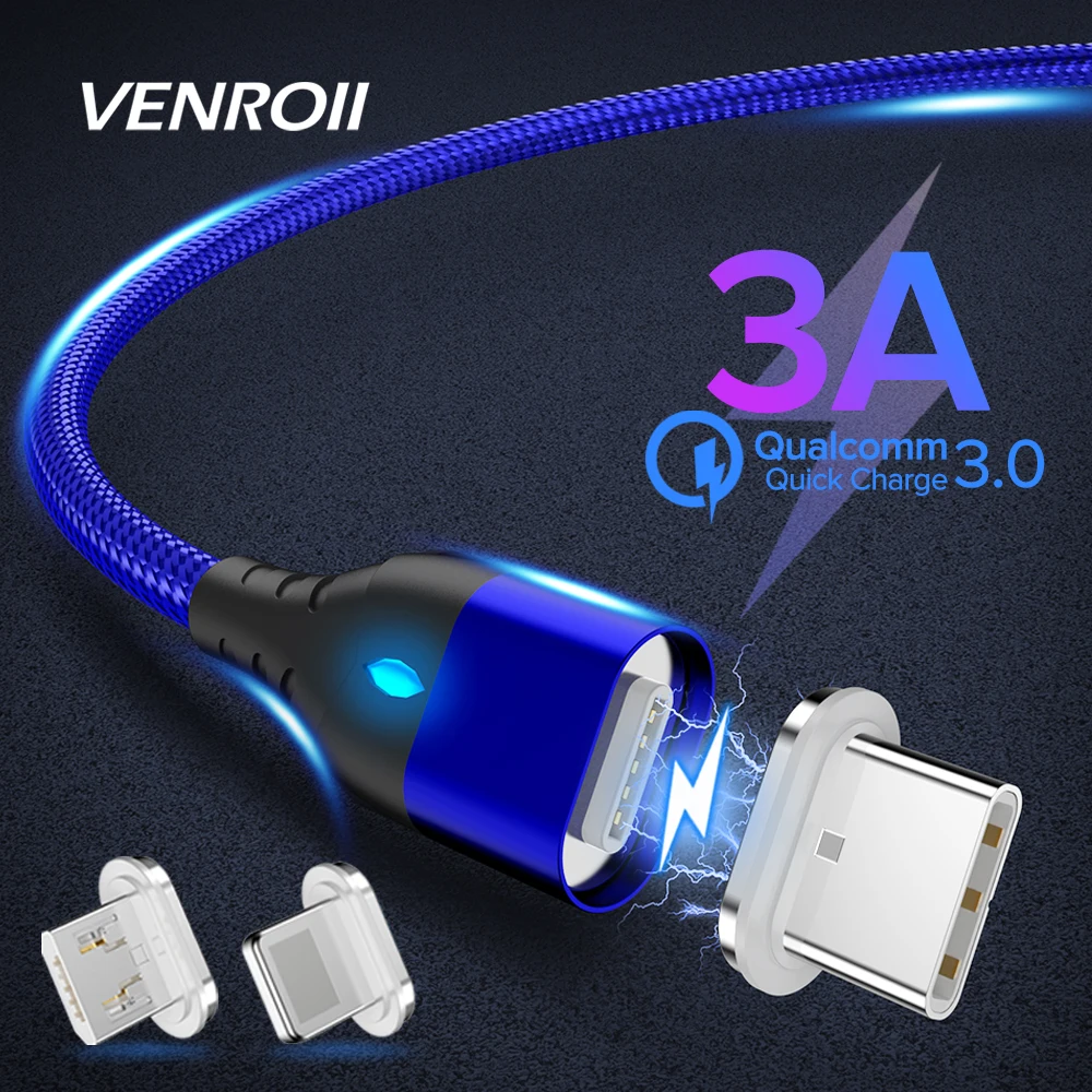 

Venroii Magnetic Cable Type C USB Phone Cord 3A Fast Charging USBC Cabo for Samsung S10 S9 S8 Redmi K20 Pro Micro Charger Kable