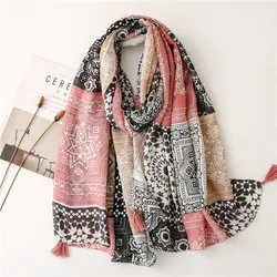Fashion Bohemian Geometric Patchwork Tassel Viscose Shawl Scarf Lady High Quality Wrap Pashmina Stole Bufandas Muslim Hijab Caps