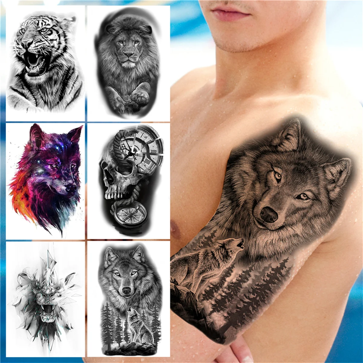 

Татуировки Временные для мужчин и женщин, наклейки-татуировки с изображением Черного Волка, леса, Льва, тигра, имитация компаса, черепа, монстра, татуировки, украшения