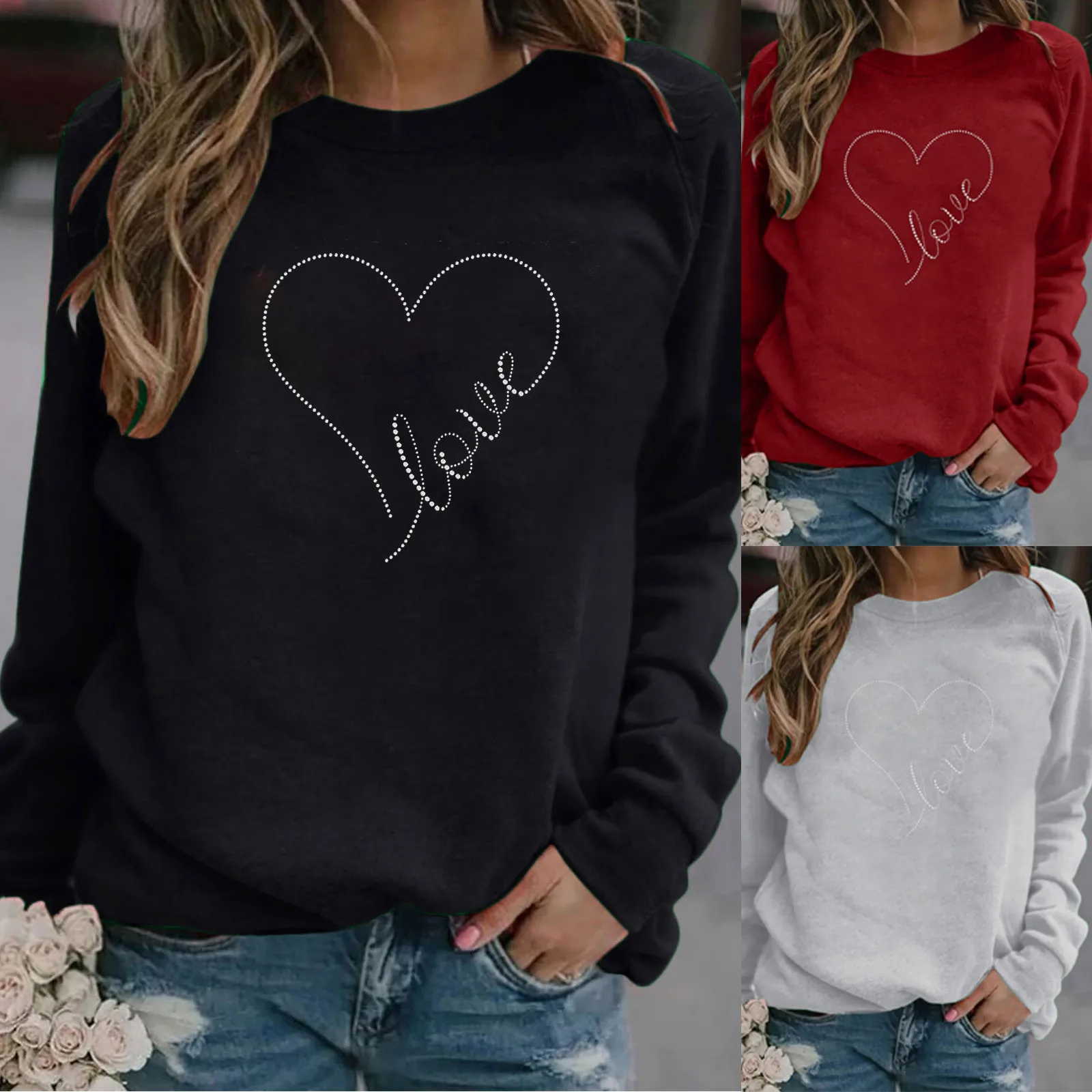 

Valentine's Day Women Sweatshirt Autumn Winter Rhinestone O-Neck Tops Blouse Long Sleeve Female Sweatshirts Ladies Pullover