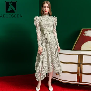 

AELESEEN Spring Summer Lace Dress 2020 High Quality Runway Fashion Green Dress Flower Embroidery Irregular Holiday Party Dress
