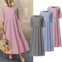 ZANZEA размера плюс Полосатое Платье женское повседневное длинное макси Vestidos винтажное летнее платье с круглым вырезом хлопковое льняное платье 5XL