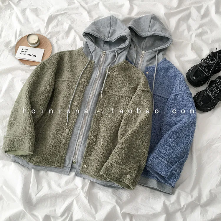 BF Свободное пальто из овечьей шерсти для женщин Harajuku винтажная Лоскутная куртка с капюшоном и длинными рукавами женская зеленая синяя Весенняя Верхняя одежда Топы пальто