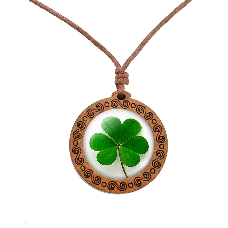 Shamrock Lucky Clover дерево ожерелье деревянный кулон четыре листа ожерелья в форме клевера стеклянный кабошон ручной работы ювелирные изделия для женщин подарок