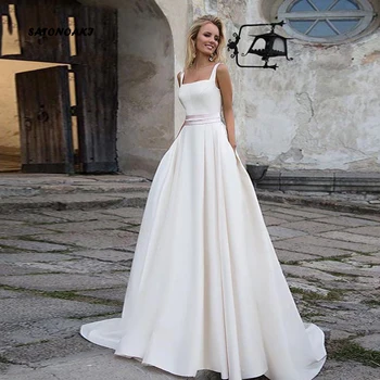 

SATONOAKI New Arrival Wedding Dresses 2019 With Pocket Vestido de novia Satin Elegant Bridal Gowns Floor Length Wedding Gown