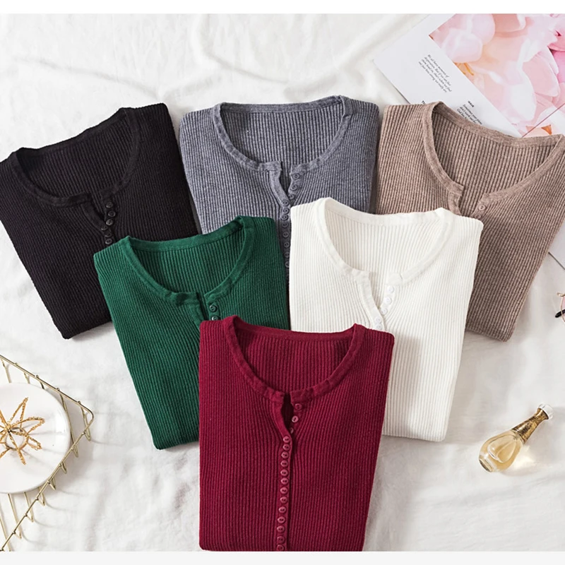 

Spring Summer Women Sweater Female Stretch Sweater Shirt V Neck Button Solid Basic Sweaters Knitted Pullover Femme