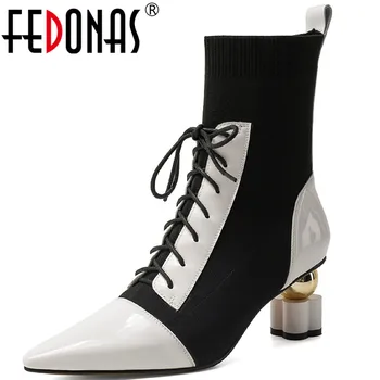 

FEDONAS Elegant Mixed Colors Ankle Boos Women Leather Cross Tied High Heels Boots Boots Genuine Leather Night Club Winter Boots