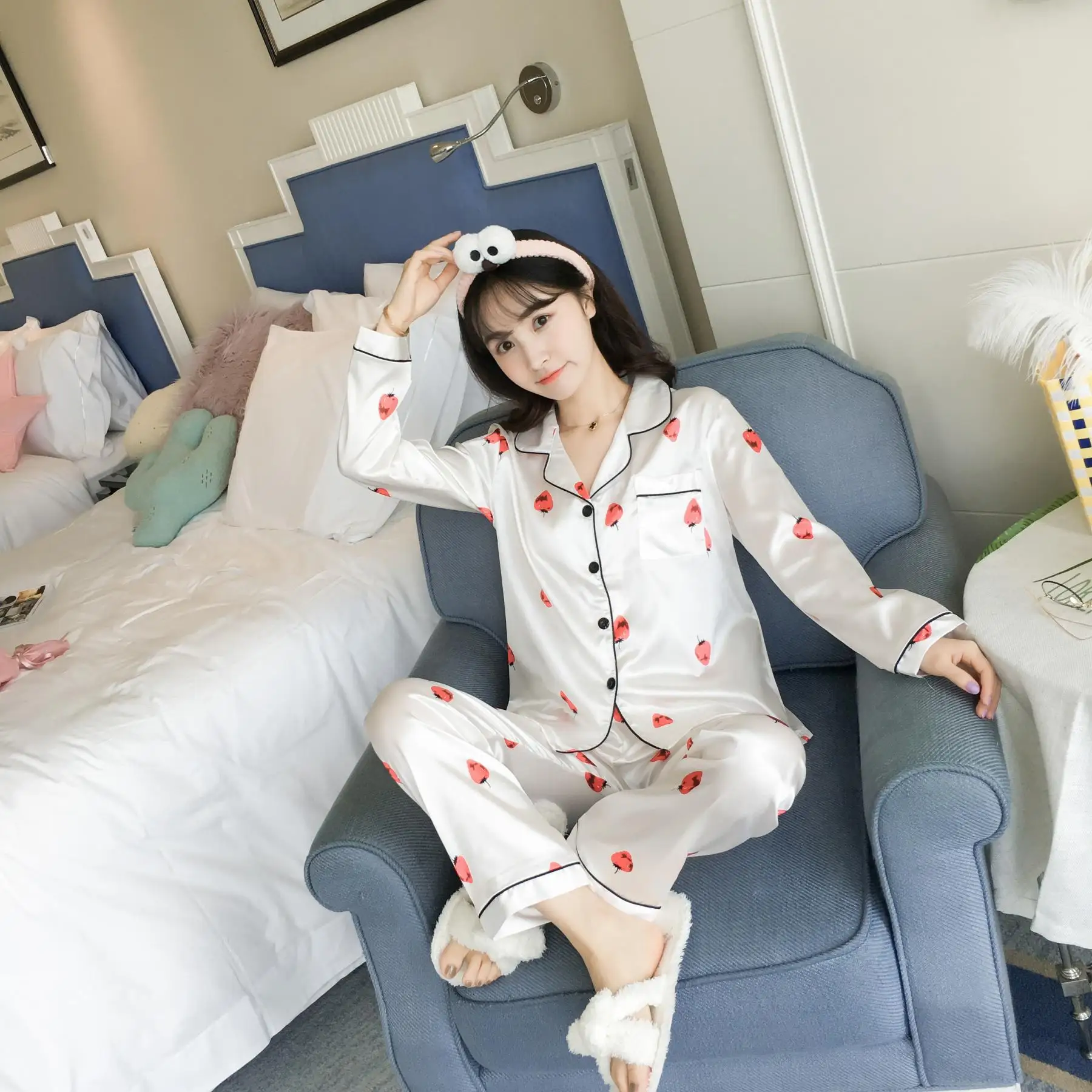 Spring And Autumn Pajamas Long Sleeve GIRL'S Imitated Silk Fabric Fashion Simple Waxberry Open Buckle Plus-sized Trousers Homewe