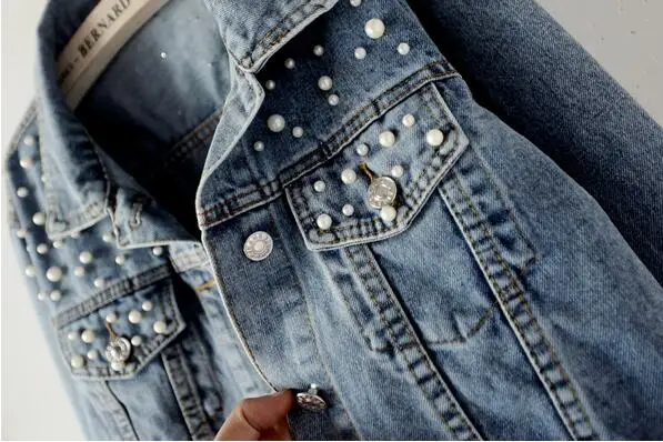 Most effective  Spring and Autumn Pearl Denim Jacket Women 5XL Casual Denim Jacket Denim Jacket Long Sleeve Large S