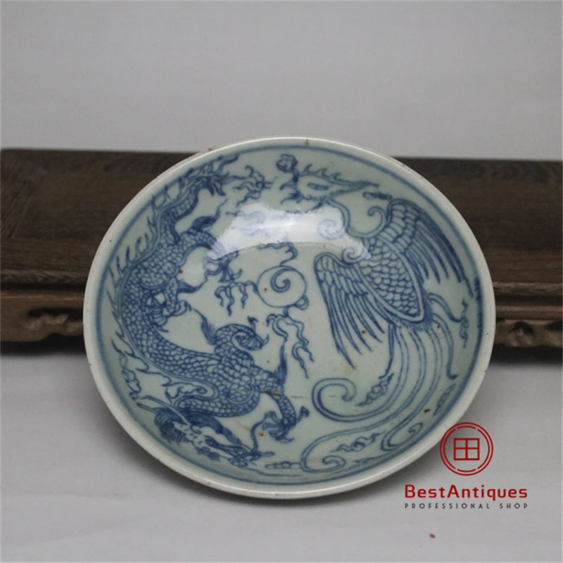 

Ming Qing Ceramic Blue and White Dragon Phoenix Pattern Dish Flower Vase Antique Vase Decoration Porcelain Collection Home Decor