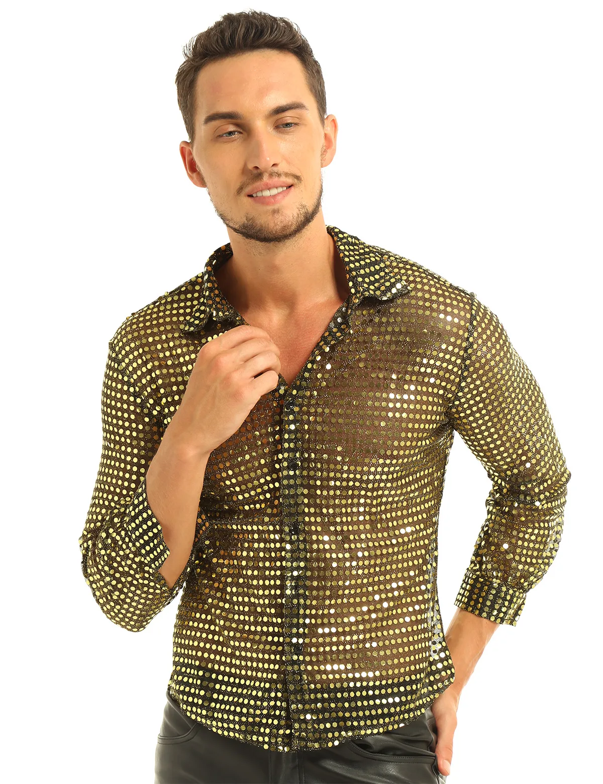 Chemise Homme Paillettes Brillant 70 80 Années Manches