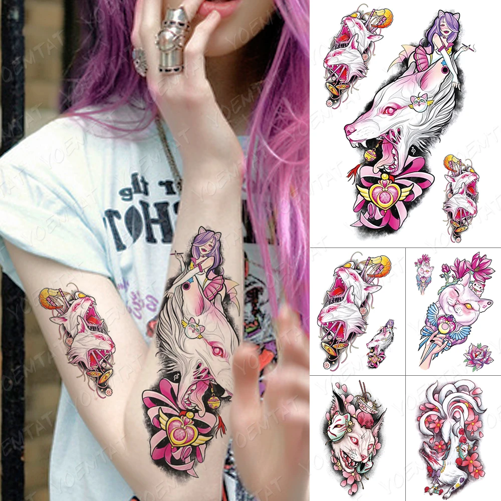 Wasserdicht Temporare Tatowierung Aufkleber Japanische Rosa Anime Katze Flash Tattoos Fuchs Maske Korper Kunst Arm Gefalschte Tatoo Frauen Manner Temporary Tattoos Aliexpress