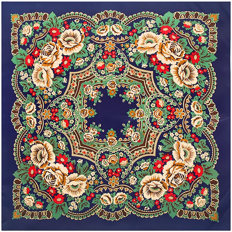 

100% Twill Silk Scarf For Women Retro Floral Pattern Square Scarves Wraps Foulard Femme Big Size Shawl Bandana 130*130cm