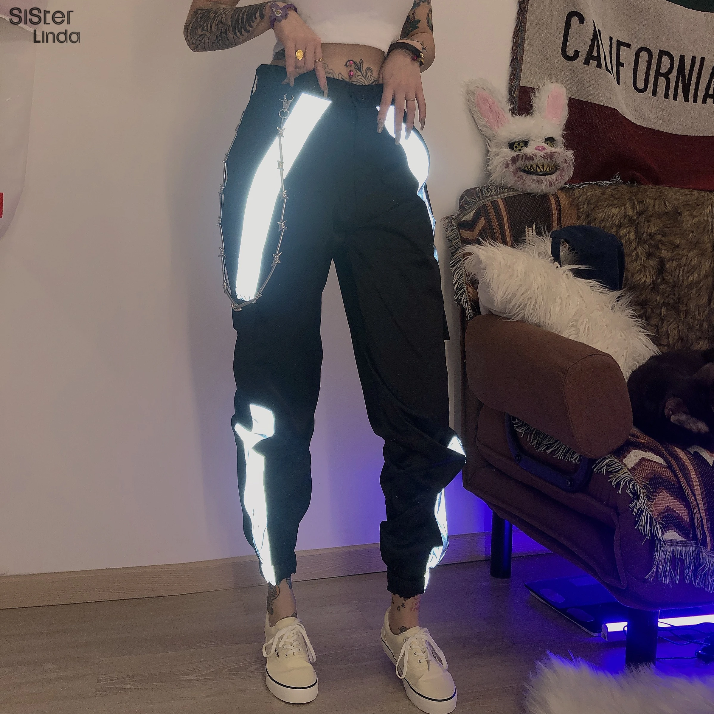 Sisterlinda Women Reflective Striped Pants Women Workout High Waist Zipper Sweatpants Womens Fashion Loose Trousers Mujer 2020 Sisterlinda Women Reflective Striped Pants Women Workout High Waist Zipper Sweatpants Womens Fashion Loose Trousers Mujer 2020