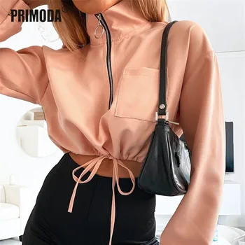 

Harajuku T Shirts Turtleneck Loose Casual Pocket Autumn Women Shirts Lace Up Sexy Crop Tops Zipper Sudadera Mujer Korean PR048M