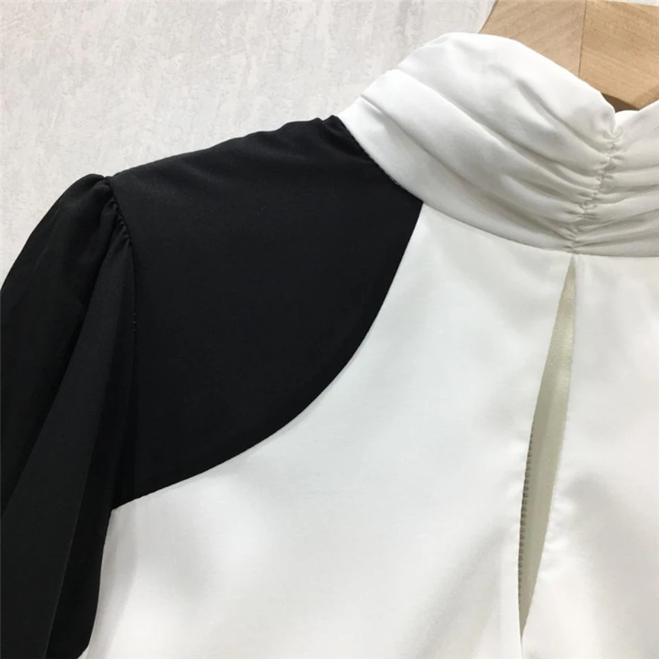 Осенняя модная новая сексуальная полая женская рубашка с воротником-стойкой фонарь с длинным рукавом контрастная рубашка женская рубашка