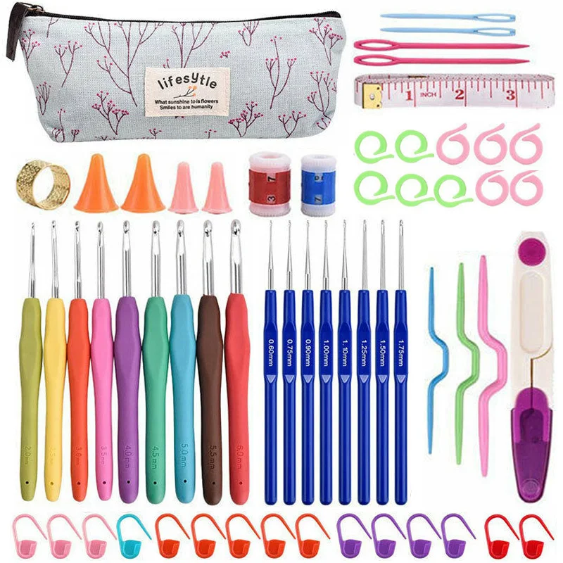 59pcs Crochet Hooks Set Ergonomic Soft Grip Handle Large-Eye Blunt Knitting Needles Kit With Storage Bag For | Дом и сад