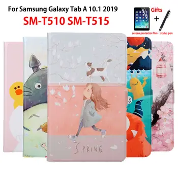 

SM-T510 Case For Samsung Galaxy Tab A 10.1 2019 T510 T515 SM-T515 Cover Funda Tablet Slim PU Leather Painted Stand Shell +Gift