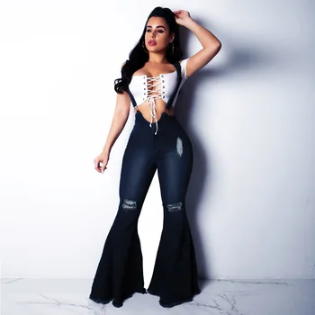 

2020 women wide leg slim fit washed denim stretch flared overalls jeans high waist plus size women top shop jeans korean fashion