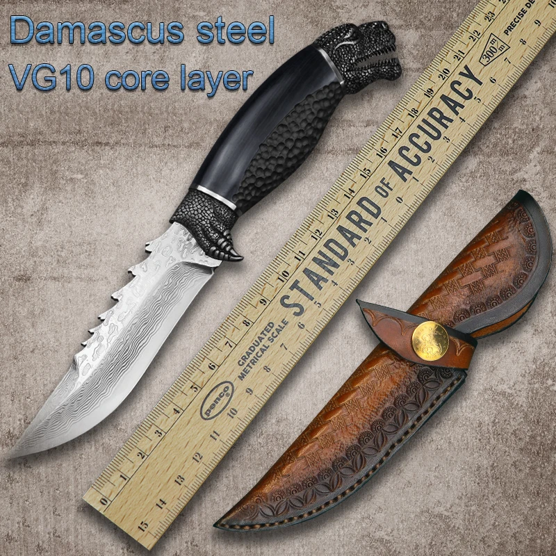 

Handmade Damascus Steel Fixed Blade Ebony Knife and Steel Head Knife Outdoor Survival Straight Knife EDC Tool Camping Hunting