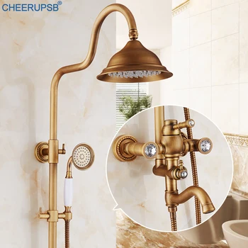 

Antique Shower Set Wall Mount Rain Fall Bathroom Bath System Round Disc Rainfall Top Sprayer Faucet Luxury Brushed Brass Taps