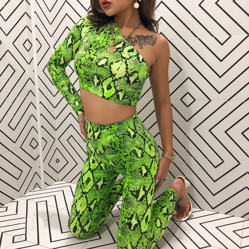 HAOYUAN Neon Snake Print Two Piece Set Women Tracksuit One Shoulder Crop Top Pant Suits Sexy 2 Piece Club Outfits Matching Sets