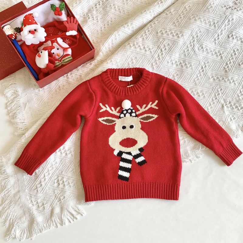 Высокое качество, Новое поступление, свитер для мальчиков детская Рождественская одежда вязаный свитер с рисунком оленя пуловер для маленьких девочек трикотажные топы - Цвет: Красный