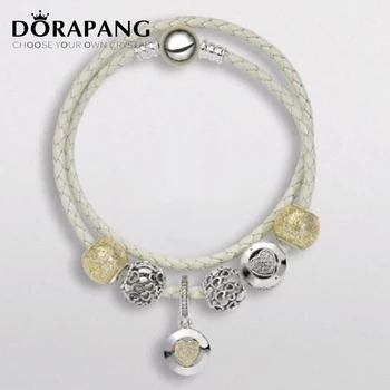 

NEW NEWEST 925 Sterling Silver White Real Leather Charm Bracelet suits Clear CZ Charm Bead fit Bracelet DIY For Jewelry