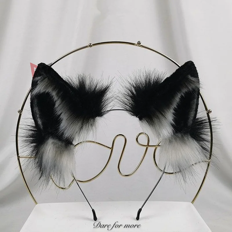 

New Black Wolf Ears Hairhoop Tail Headband Hand Made Work Head Wear KC Beast Lolita Cosplay Party Game Costume Accessories