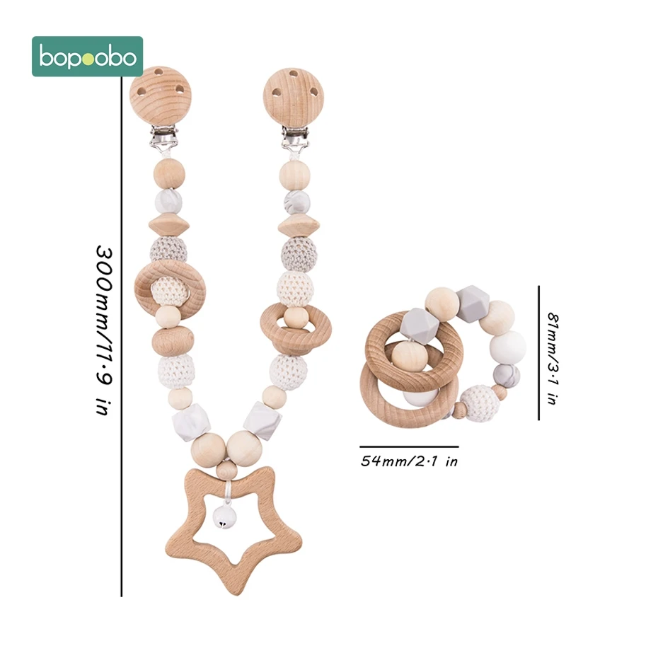 White Set 2 Bopobo Детские Силиконовые Прорезыватели, деревянные кольца, браслет, соски, держатели на цепочке, Прорезыватель для зубов, игрушка, коляска, цепь, деревянная детская игрушка-прорезыватель - Цвет: White Set 2