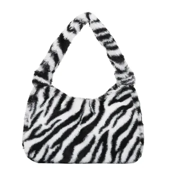 

2020 Winter Women Shoulder Bag Fashion Underarm Bag Zebra Leopard Pattern Female Plush Autumn Handbag Soft Warm Fur Tote