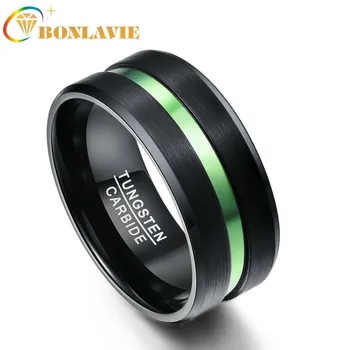 

BONLAVIE Plated Black Tungsten Steel 10MM Wide Ring with Green Groove Full Size 7-12 Men's Engagement Tungsten Rings