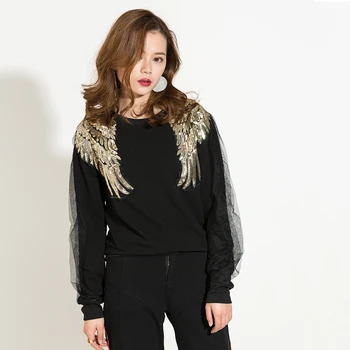 

2020 Nwe Spring Fashion O-neck Split Joint Gauze Long Sleeve Double Wings Black Loose Sweatshirts Woman Tide